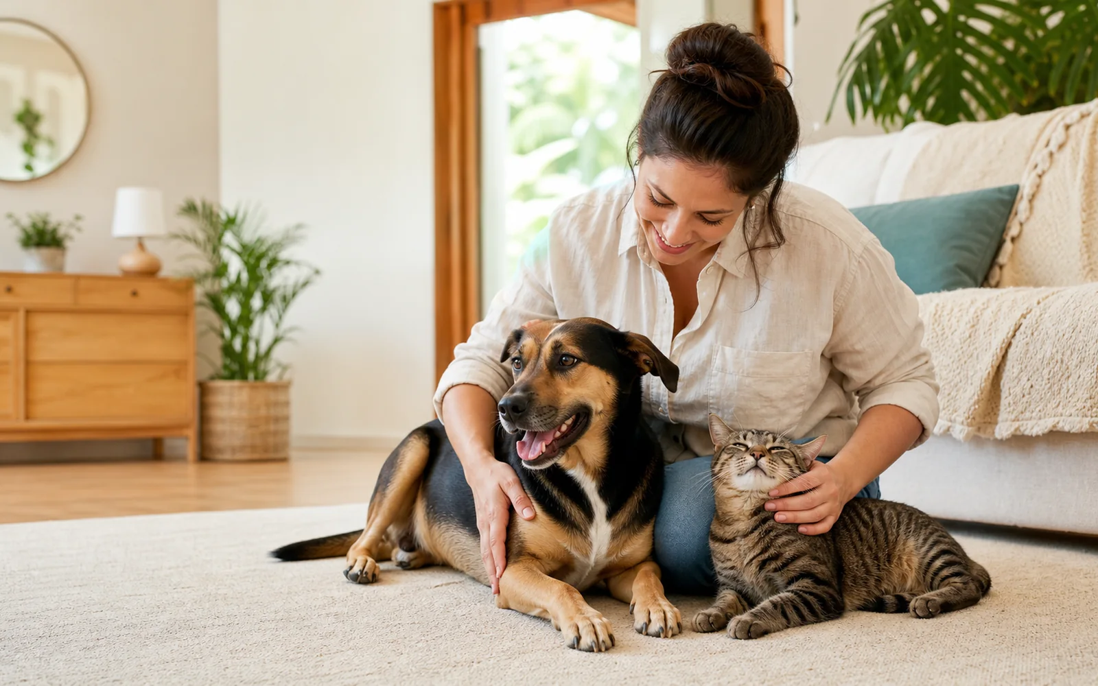 Una persona comparte un momento tranquilo en casa con su perro y su gato